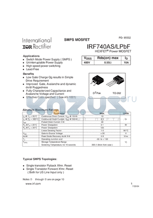 IRF740ASPBF datasheet - SMPS MOSFET