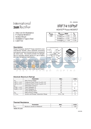 IRF7410PBF datasheet - HEXFET^Power MOSFET