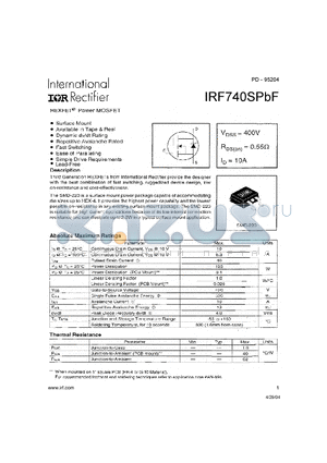 IRF740SPBF datasheet - HEXFET POWER MOSFET ( VDSS=400V , RDS(on)=0.55Y , ID=10A )