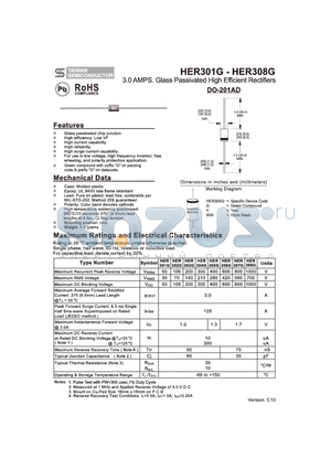 HER304G datasheet - 3.0 AMPS. Glass Passivated High Efficient Rectifiers