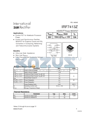IRF7413Z datasheet - HEXFET Power MOSFET