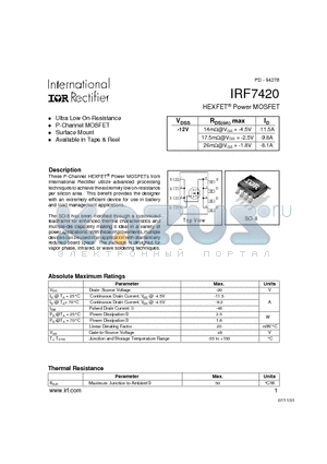 IRF7420 datasheet - HEXFET  Power MOSFET