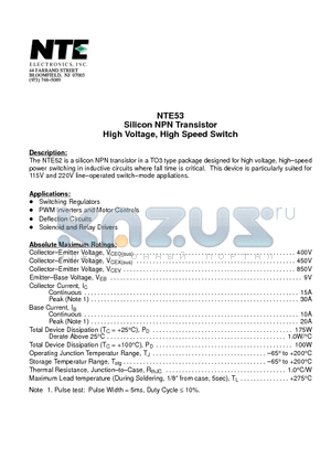 NTE53 datasheet - Silicon NPN Transistor High Voltage, High Speed Switch