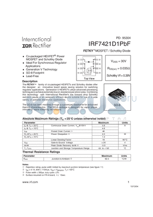 IRF7421D1PBF datasheet - FETKY  MOSFET / Schottky Diode