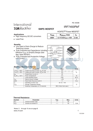 IRF7450PBF datasheet - SMPS MOSFET HEXFET Power MOSFET