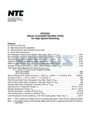 NTE5351 datasheet - Silicon Controlled Rectifier (SCR) for High Speed Switching