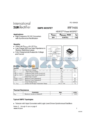 IRF7455 datasheet - Power MOSFET(Vdss=30V, Rds(on)max=0.0071ohm,Id=15A)