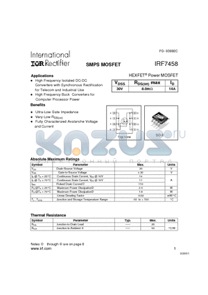 IRF7458 datasheet - Power MOSFET(Vdss=30V, Rds(on)max=8.0mohm, Id=14A)