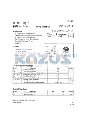 IRF7458PBF datasheet - SMPS MOSFET