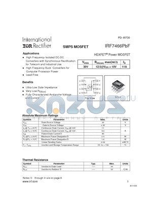 IRF7466PBF datasheet - SMPS MOSFET