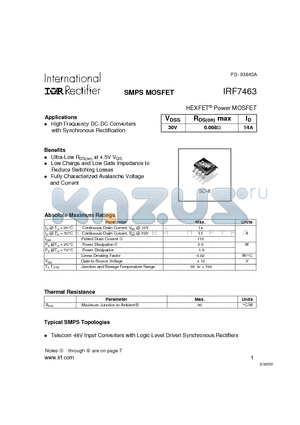 IRF7463 datasheet - Power MOSFET(Vdss=30V, Rds(on)max=0.008ohm, Id=14A)