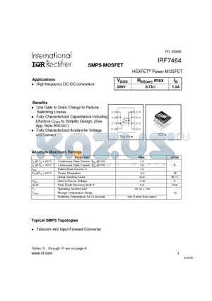 IRF7464 datasheet - Power MOSFET(Vdss=200V, Rds(on)max=0.73ohm, Id=1.2A)