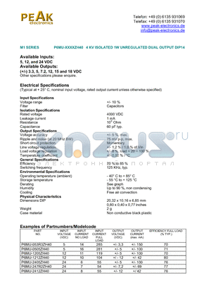 P6MU-053R3ZH40 datasheet - 4 KV ISOLATED 1W UNREGULATED DUAL OUTPUT DIP14