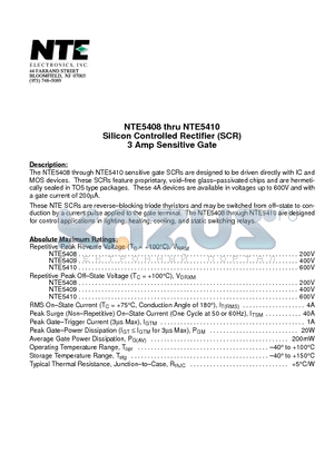 NTE5408 datasheet - Silicon Controlled Rectifier (SCR) 3 Amp Sensitive Gate