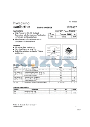 IRF7467 datasheet - Power MOSFET(Vdss=30V, Rds(on)max=12mohm, Id=11A)