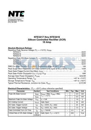 NTE5417 datasheet - Silicon Controlled Rectifier (SCR) 10 Amp