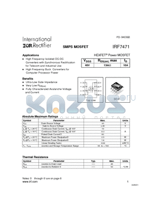 IRF7471 datasheet - Power MOSFET(Vdss=40V, Rds(on)max=13mohm, Id=10A)