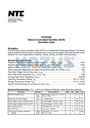 NTE5426 datasheet - Silicon Controlled Rectifier (SCR) Sensitive Gate