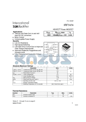 IRF7474 datasheet - HEXFET Power MOSFET