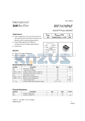 IRF7476PBF datasheet - HEXFET Power MOSFET ( VDSS = 12V , RDS(on) max = 8.0mY@VGS = 4.5V , ID = 15A )