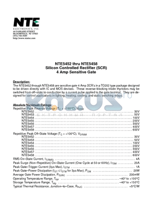 NTE5452 datasheet - Silicon Controlled Rectifier (SCR) 4 Amp Sensitive Gate