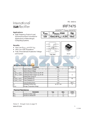 IRF7475 datasheet - HEXFET Power MOSFET Selection for Non-Isolated DC/DC Converters