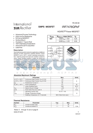 IRF7478QPBF datasheet - SMPS MOSFET