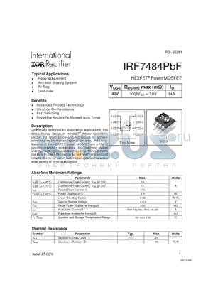 IRF7484PBF datasheet - HEXFET^ Power MOSFET