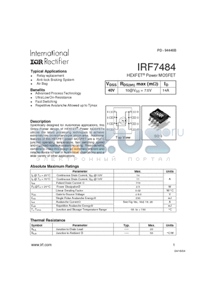 IRF7484 datasheet - HEXFET Power MOSFET