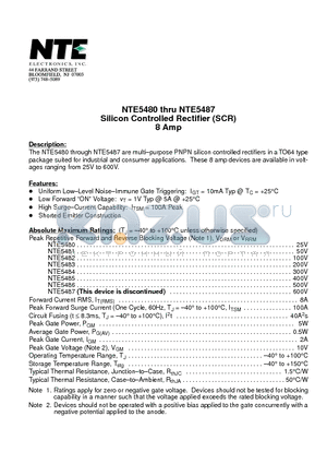 NTE5484 datasheet - Silicon Controlled Rectifier (SCR) 8 Amp