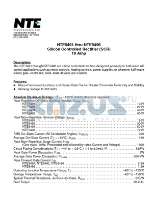 NTE5491 datasheet - Silicon Controlled Rectifier (SCR) 10 Amp