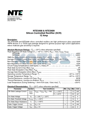 NTE5498 datasheet - Silicon Controlled Rectifier (SCR) 12 Amp