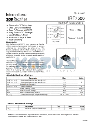 IRF7506 datasheet - Power MOSFET(Vdss=-30V, Rds(on)=0.27ohm)