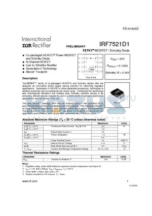 IRF7521D1 datasheet - FETKY MOSFET / Schottky Diode(Vdss=20V, Rds(on)=0.135ohm, Schottky Vf=0.39V)