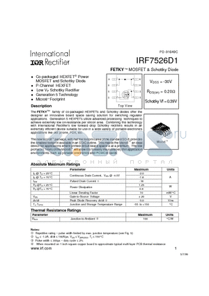 IRF7526D1 datasheet - FETKY MOSFET & Schottky Diode(Vdss=-30V, Rds(on)=0.20ohm, Schottky Vf=0.39V)