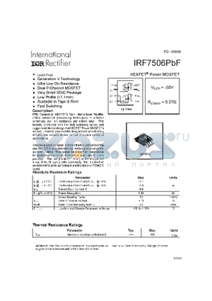 IRF7506PBF datasheet - HEXFET Power MOSFET (VDSS=-30V , RDS(on)=O.27ohm)