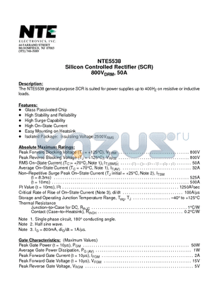 NTE5538 datasheet - Silicon Controlled Rectifier (SCR) 800VDRM, 50A