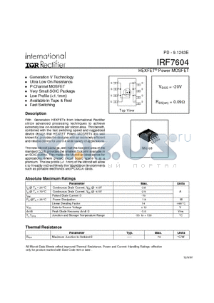 IRF7604 datasheet - Power MOSFET(Vdss=-20V, Rds(on)=0.09ohm)