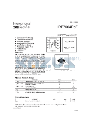 IRF7604PBF datasheet - HEXFET POWER MOSFET ( VDSS = -20V , RDS(on) = 0.09Y )