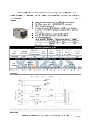 LU1S041-43 datasheet - SINGLE RJ45 CONNECTOR MODULE WITH INTEGRATED 10/100 BASE-TX MAGNETICS AND LEDS