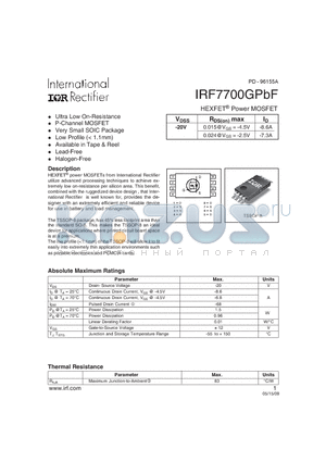 IRF7700GPBF datasheet - HEXFET^ Power MOSFET Ultra Low On-Resistance