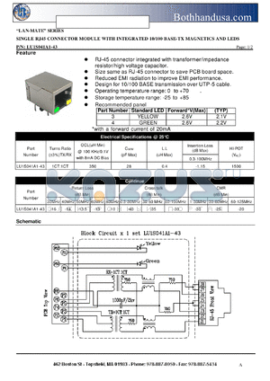 LU1S041A1-43 datasheet - SINGLE RJ45 CONNECTOR MODULE WITH INTEGRATED 10/100 BASE-TX MAGNETICS AND LEDS