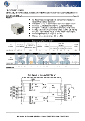 LU1S041A1LF datasheet - SINGLE RJ45 CONNECTOR MODULE WITH INTEGRATED 10/100 BASE-TX MAGNETICS