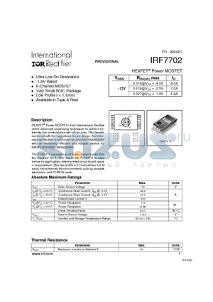 IRF7702 datasheet - Power MOSFET(Vdss=-12V)