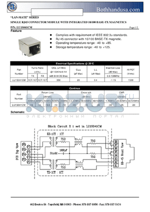 LU1S041CM datasheet - SINGLE RJ45 CONNECTOR MODULE WITH INTEGRATED 10/100 BASE-TX MAGNETICS