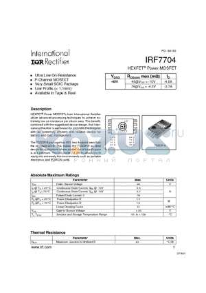 IRF7704 datasheet - Power MOSFET(Vdss=-40V)