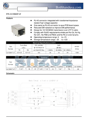 LU1S041FLF datasheet - SINGLE RJ45 CONNECTOR MODULE WITH INTEGRATED 10/100 BASE-TX MAGNETICS
