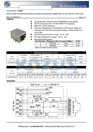 LU1S041M-43 datasheet - SINGLE RJ45 CONNECTOR MODULE WITH INTEGRATED 10/100 BASE-TX MAGNETICS AND LEDS