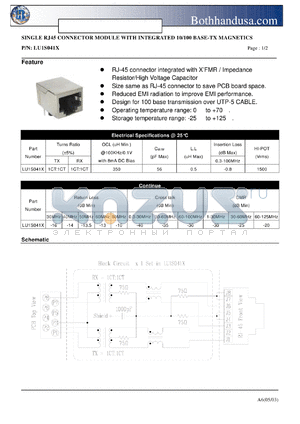 LU1S041X datasheet - SINGLE RJ45 CONNECTOR MODULE WITH INTEGRATED 10/100 BASE-TX MAGNETICS