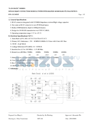 LU1S515 datasheet - SINGLE RJ45 CONNECTOR MODULE WITH INTEGRATED 10/100 BASE-TX MAGNETICS